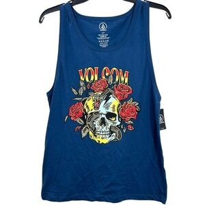 Volcom Men's Size Small Dark Blue Skull & Roses Muscle Tank Beach Summer‎ NWT